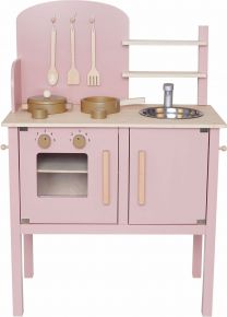 Jabadabado play kitchen made of wood with pan, pot and kitchen utensils