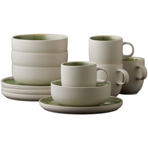 Studio Round North breakfast tableware set 12 pcs matt white, glossy coloured moss