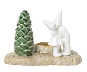 Kähler Design Christmas stories with elves Kiss block candlestick height 11.5 cm green, brown, white