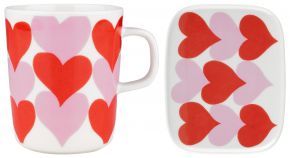 Marimekko Sydämet (hearts) Oiva mug 0.25 l & plate 12x15 cm 2 pcs set cream, red, pink