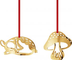 Georg Jensen Christmas 2023 Holiday tree ornament set of 2 Deer & Mushroom gold