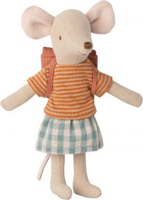 Maileg Tricycle Mouse Big Sister with striped t-shirt & shoulder bag height 13 cm