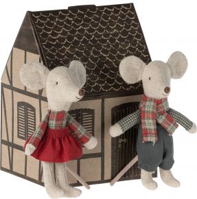 Maileg Winter Mice / Winter Mouse twins little brother & little sister with house height 13 cm