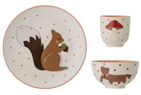 Bloomingville children's dinnerware set, 3 pieces with squirrel, mushroom and fox / plate, mug and b