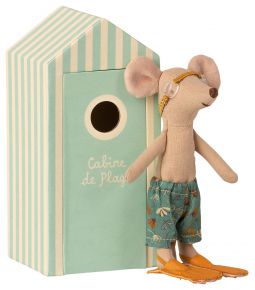 Maileg Mouse brother height 15.5 cm with light blue beach cabin
