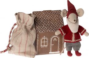 Maileg Mouse Santa Claus big brother height 14 cm with gingerbread house & gift bag multicolor