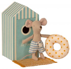 Maileg Mouse brother height 11 cm with light blue beach cabin