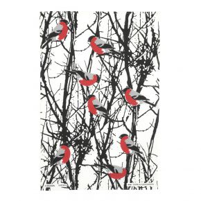 Almedahls bull finch (Domherrar) tea towel 47x70 cm red, black, white