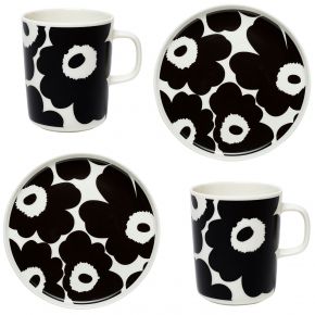 Marimekko Unikko Oiva breakfast set 4 pcs / mug 0.25 l & plate Ø 20 cm each 2 pcs white, black