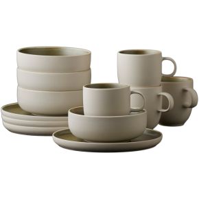 Studio Round North breakfast tableware set 12 pcs matt white, matt coloured moss