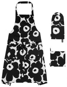 Marimekko Unikko kitchen textiles  3 pcs set / apron, oven glove & oven mitt white, black