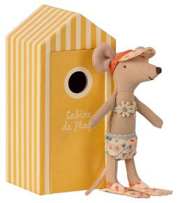 Maileg Mouse sister height 15.5 cm with yellow beach cabin