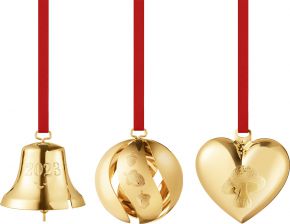 Georg Jensen Christmas 2023 gift box 3 pcs (bell, Christmas tree bauble and heart) gold