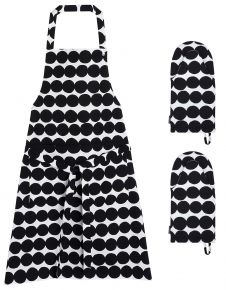 Marimekko Räsymatto kitchen textiles set apron & 2 oven gloves white, black