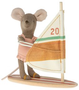 Maileg beach mouse Surfer Little Sister height 14 cm pink, mustard, beige, white, brown, orange, gre