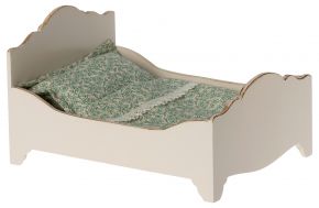 Maileg doll furniture wooden bed with soft bedding 9,5x12x16 cm gray, green