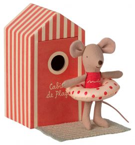 Maileg Mouse sister height 11 cm with red beach cabin